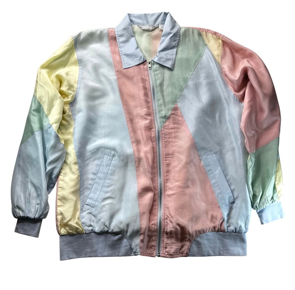 Vintage 90s Pastel Bomber Silk Colorblock Jacket Blair Med Soft Girl Coquette